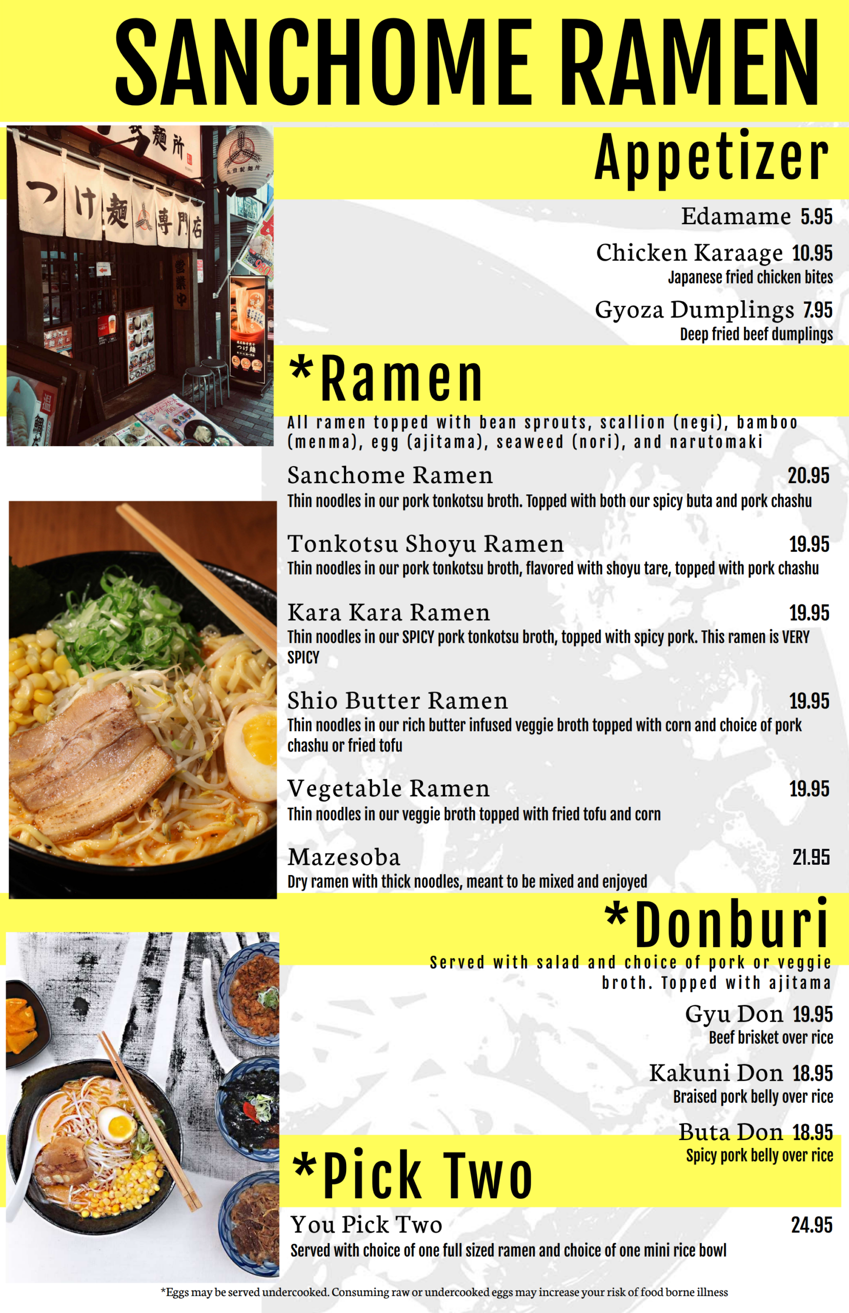 Sanchome full menu — ramen bowls, rice bowls, and other offerings. Centreville Virginia.